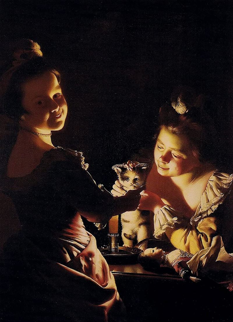 Джозеф Райт из Дерби - Две девочки, одевающие котёнка при свете свечи...