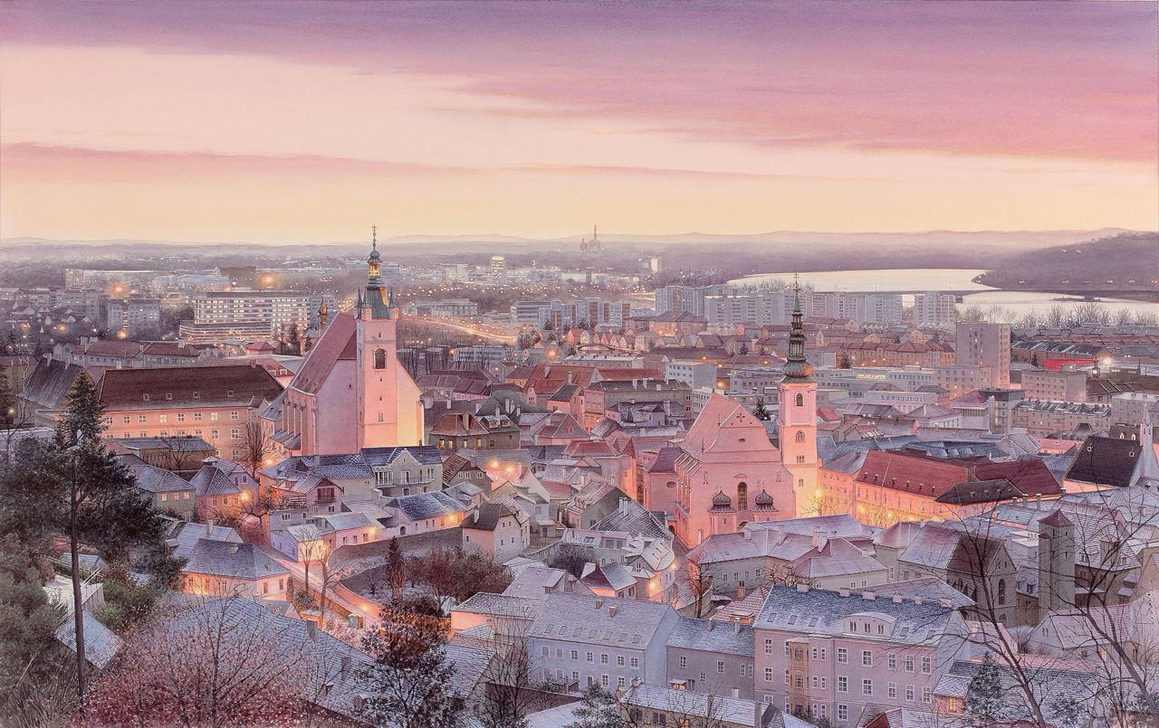 Тьерри Дюваль (1957) 
«Sun sets on Krems-an-der-Donau» 2021 
бумага, акварель.